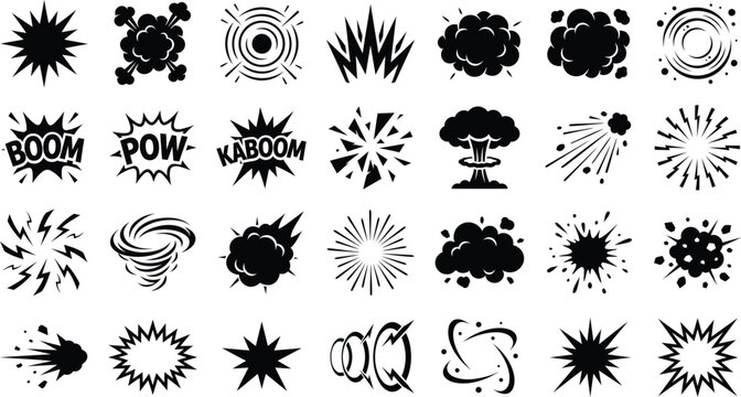 Comic explosion burst boom pow kaboom cloud cartoon impact shape black vector illustration icon collection design style graphic set