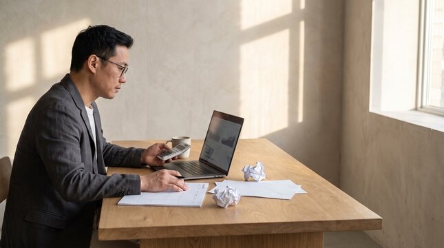 Focused Asian Businessman Analyzing Financial Data and Crumpled Paper at Desk