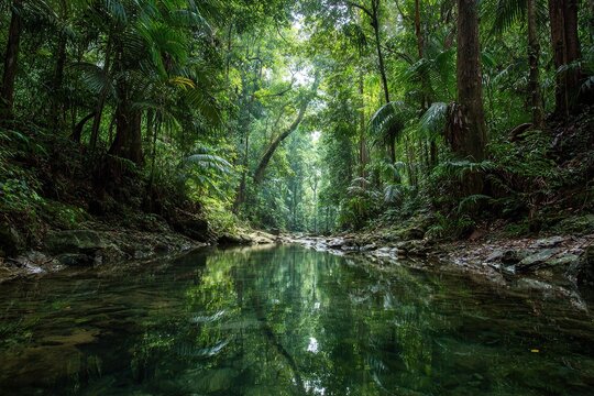 rainforest stream reflecting the green canopy above