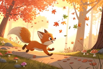 Fototapeta premium Cute fox running through autumn forest with falling leaves