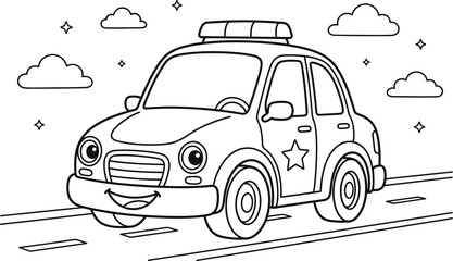 Cartoon police car coloring page for kids, cute smiling patrol vehicle vector illustration, black and white line art of a friendly cop car on road © Masum Mia