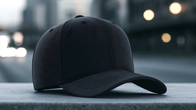 A blank black baseball cap sits on a stone ledge with a blurred city background. Ideal for streetwear branding or apparel design mockups.