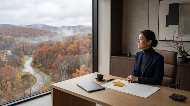 Businesswoman Sitting at Desk Looking out Window at Autumn Mountain Landscape