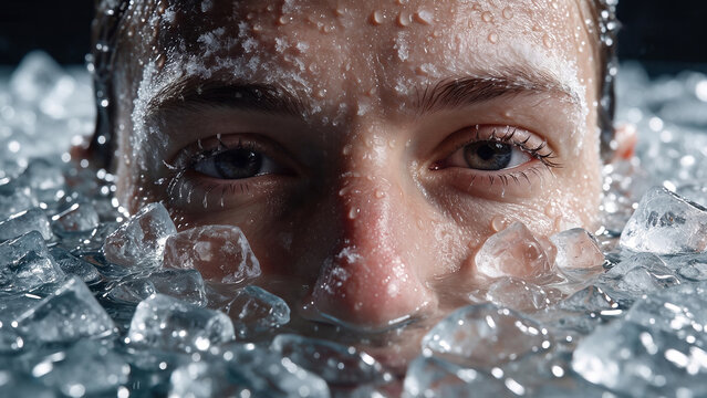 Extreme macro close-up of a person face submerged in cold ice bath with crushed ice cubes and water droplets. Biohacking, cryotherapy and wellness recovery concept