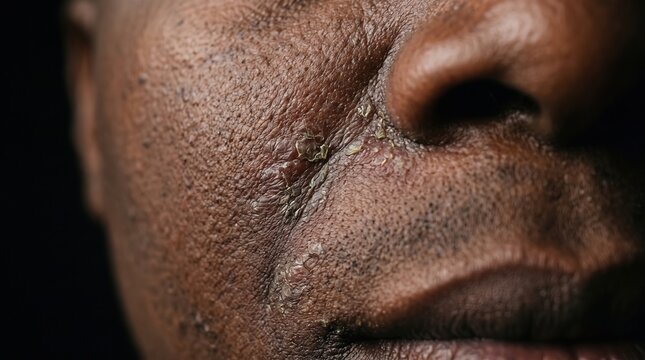 Extreme Macro Detail of Flaking Seborrheic Dermatitis Rash on Dark Facial Skin