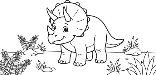 Cute triceratops dinosaur coloring page, cartoon prehistoric animal line art, black and white dinosaur vector illustration for kids activity © Masum Mia