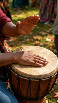 Adult Playing Hand Drum Outdoors in Autumn Park