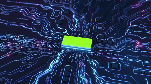 Bright circuit paths converge a green display metallic processor frame on a complex blue board. computing promotions, product identity electronic design explainers central chroma key replacement area.