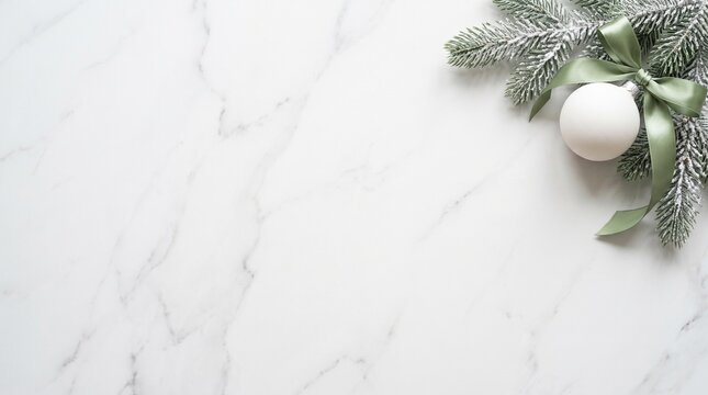 Elegant Christmas background on white marble. Festive winter flat lay with fir branch and white bauble. Minimalist holiday copy space.