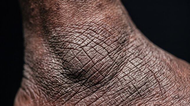 Extreme close up of dry cracked dark skin with deep wrinkles and dehydrated texture