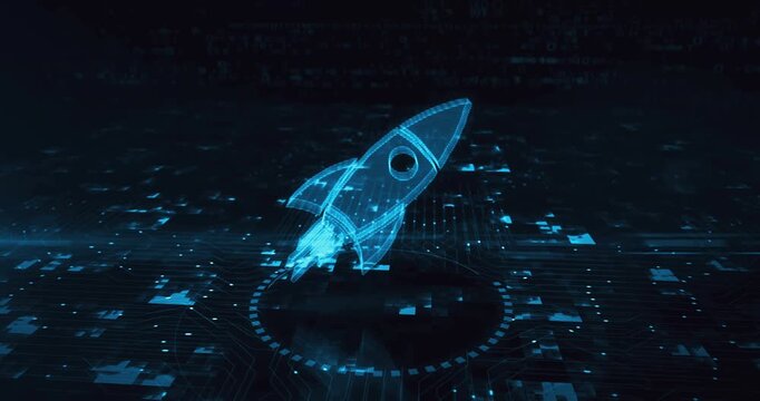 Startup business rocket launch hologram symbol appears on a digital background. Network, cyber technology and computer abstract concept 3d animation.