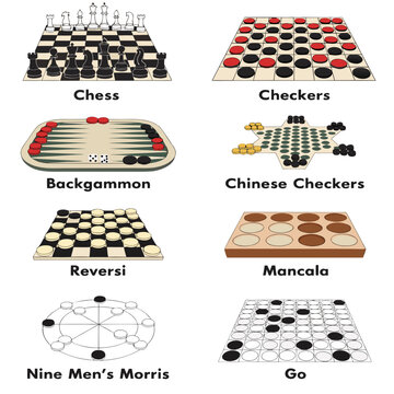 Classic board games vector set, 8 traditional tabletop games collection including chess and checkers, vintage strategy game illustrations
