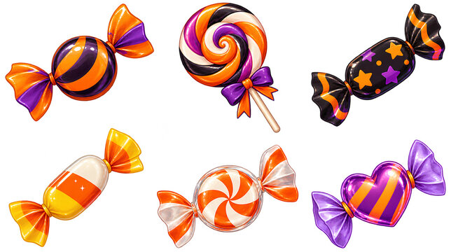 Halloween glossy candy set with orange purple wrapped sweets, shiny swirl lollipop and heart treat vector illustration for spooky party, ideal for autumn event flyer, trick or treat packaging, sticker