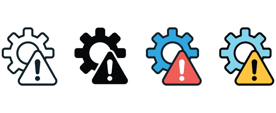 Failure icon set with gear and exclamation mark symbols representing malfunction, system errors, warning alerts, technical issues, and industrial breakdowns