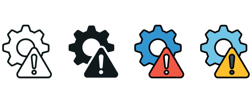 Failure icon set with gear and exclamation mark symbols representing malfunction, system errors, warning alerts, technical issues, and industrial breakdowns