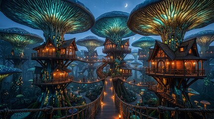 Obraz premium Magical Mushroom Treehouse Village in an Enchanted Forest at Night