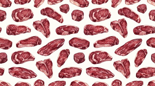 Raw meat cuts pattern featuring various steak types arranged neatly on a plain transparent background.