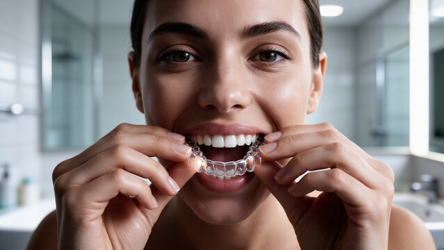 Close-up of a young woman installing a transparent occlusal splint appliance on her lower teeth. TMJ therapy bruxism and gnathology concept