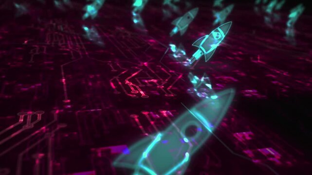 Startup business rocket launch symbol abstract cyber concept. Digital technology and computer background seamless and looped 3d animation.