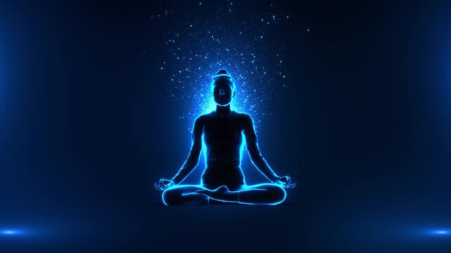 Dark seated yoga figure is framed cloud of blue particles, serene composition open space on both sides. relaxation content, mindfulness presentations and ambient music visuals inspired stillness focus