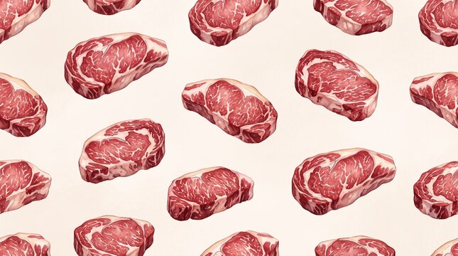 Steaks repeat in a seamless pattern layout across a light neutral background for culinary designs.