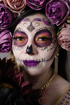 Portrait of Woman With Day of the Dead Makeup and Floral Crown