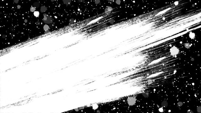 Rough white paint streaks diagonal band black field dotted irregular splashes gray spots. luma matte compositing, music titles expressive graphic reveals, adding a raw painted texture design projects.