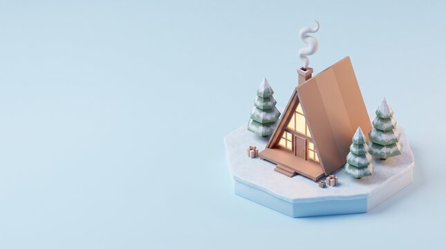 Minimalist 3D winter cabin, isometric wooden A-frame house in snow, cozy holiday cottage with pine trees on blue background