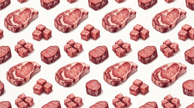 Steaks arranged in a repeating meat pattern on a transparent surface display raw beef cuts and cubed pieces.