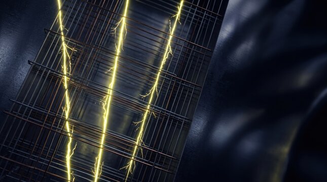Vertical golden electric spark discharge streams glowing against dark textured carbon mesh