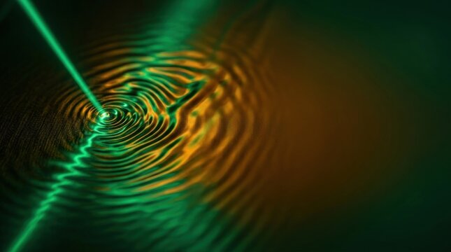 Laser beam intersecting concentric wave ripples creating green and gold interference pattern