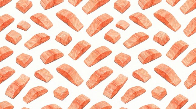 Watercolor illustration depicting a seamless pattern of fresh salmon fillets on transparent background.