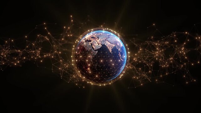 Glowing connections span globe against black space, international exchange. trade explainers, logistics presentations, financial news , economic reports, or business about connected global markets.