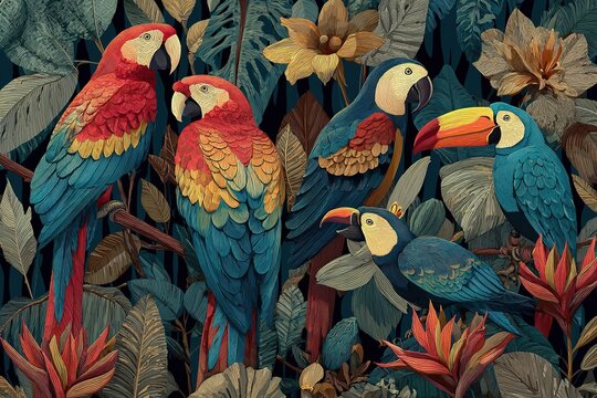 vibrant macaws and toucans flying through rainforest trees