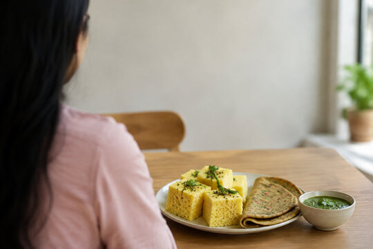 Plate of dhokla and thepla with chutney on grocery table, Indian food concept