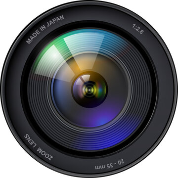 Camera photo lens icon isolated, professional DSLR zoom lens front view.