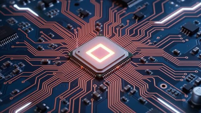 Glowing semiconductor chip mounted on a dark blue circuit board with red and orange neon traces pulsing with electricity, extreme macro