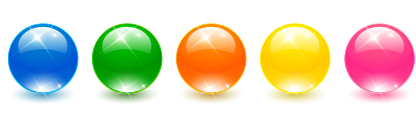 Colorful glass balls set, shiny spheres collection, 3D vector illustration.