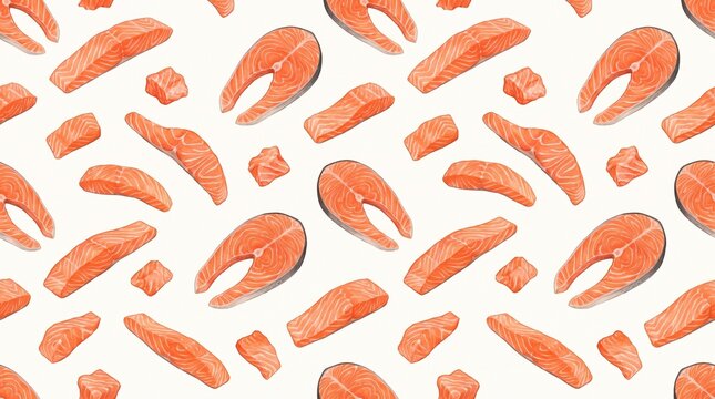Salmon pattern displays repeated watercolor illustrations of sliced raw fish pieces arranged on transparent background.