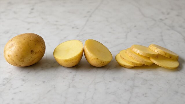 Raw potato showing stages of preparation from whole to sliced on a marble surface.