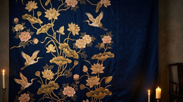 Royal navy blue silk brocade tapestry backdrop with golden oriental floral embroidery and candles