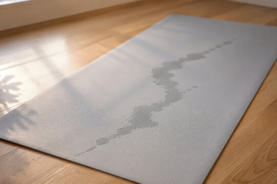 Yoga mat on wooden floor showing a series of faint, connected sweat marks.