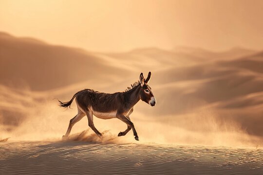 wild donkey running swiftly across sunlit desert dunes