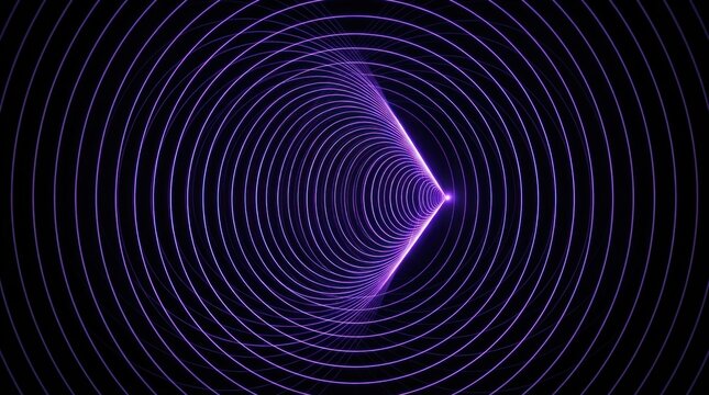Geometric purple neon soundwaves converging into focal point on dark background