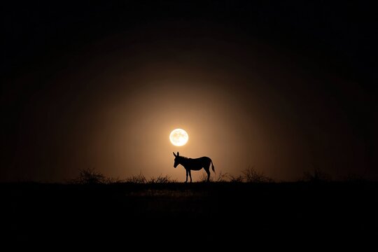 wild donkey silhouetted against moonlit desert landscape