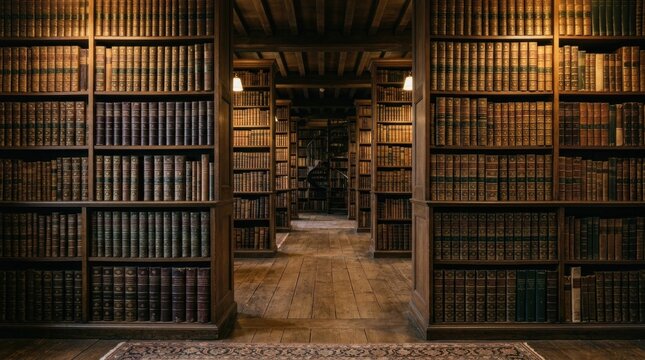 Grand historic library hall filled with floor-to-ceiling wooden bookshelves and vintage leather books