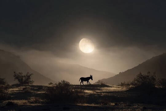 wild donkey silhouetted against moonlit desert landscape