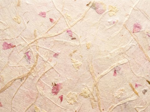 Textured handmade Japanese washi paper embedded with natural dried pink botanicals and fibers