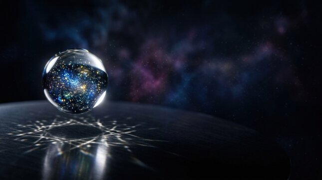 Macro crystal clear water sphere droplet refracting earth and celestial galaxy in dark space