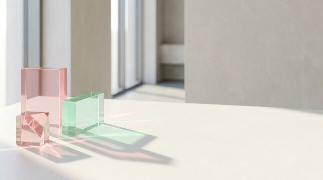 Geometric transparent glass and colored acrylic blocks casting refractions in bright studio